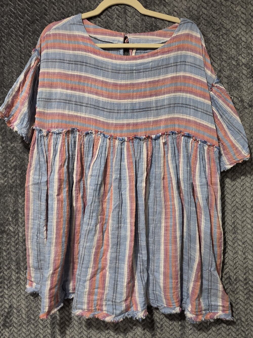 Free People 100% Cotton Babydoll XSmall Distressed Raw Edges Ivory Blue Orange
